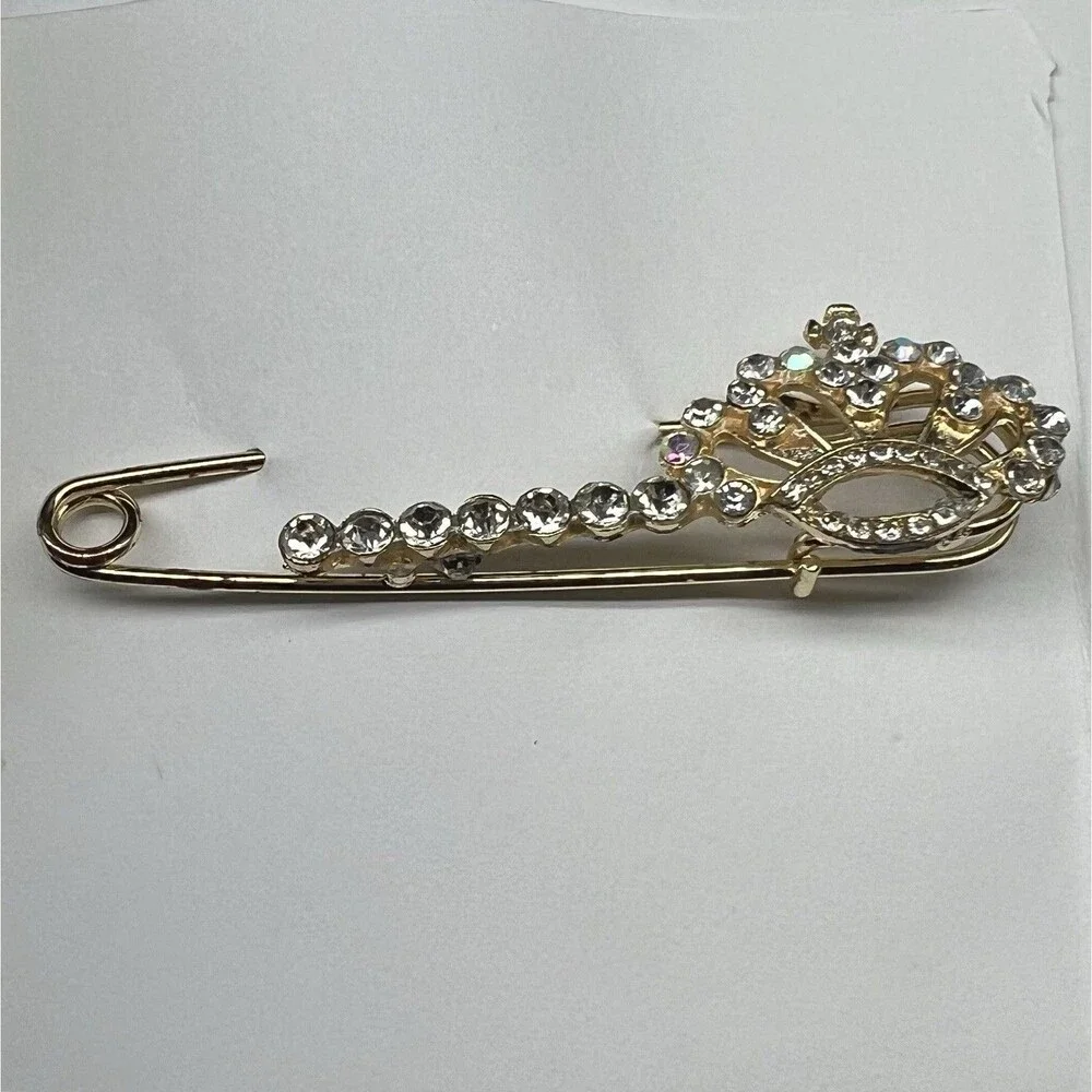 Gold Tone Princess Crown Safety Pin Brooch- Multi-colored Rhinestones